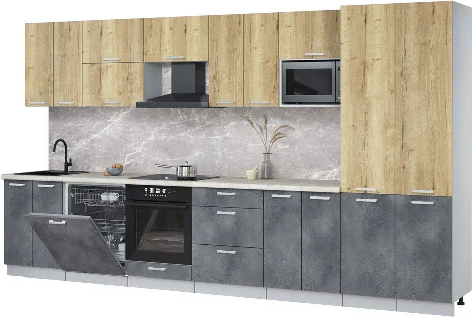 

Готовая кухня Интерлиния Мила Лайт 3.8-ПМ2 (дуб золотой/бетон портленд/опал светлый)