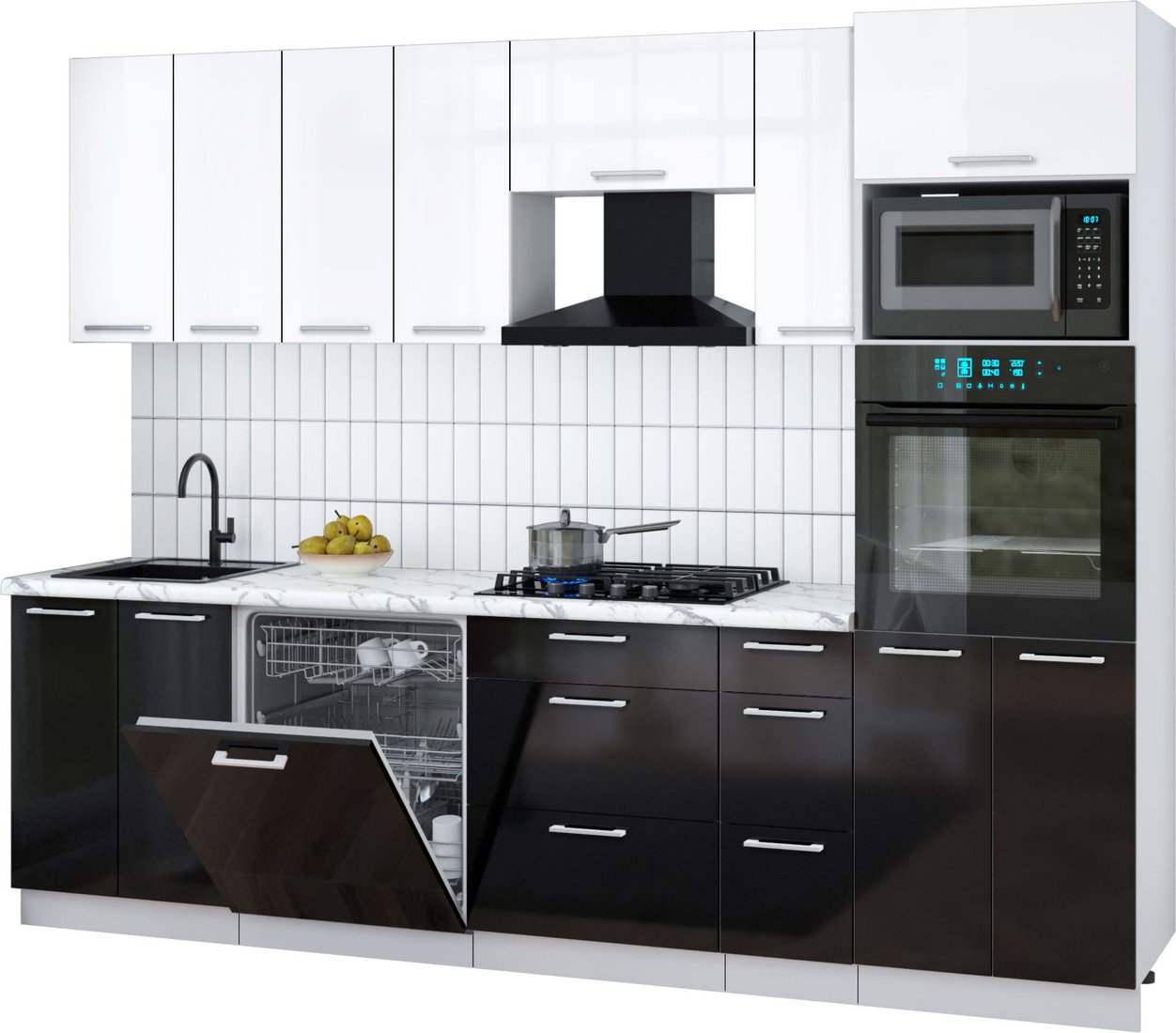 

Готовая кухня Интерлиния Мила Gloss 2.7-ПМ1 (черный глянец/белый глянец/белый гранит)