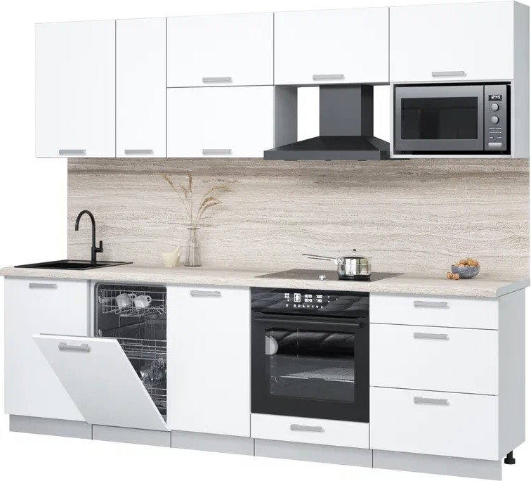 

Готовая кухня Интерлиния Мила Лайт 2.6-ПМ4 (белый платинум/белый платинум/травертин серый)