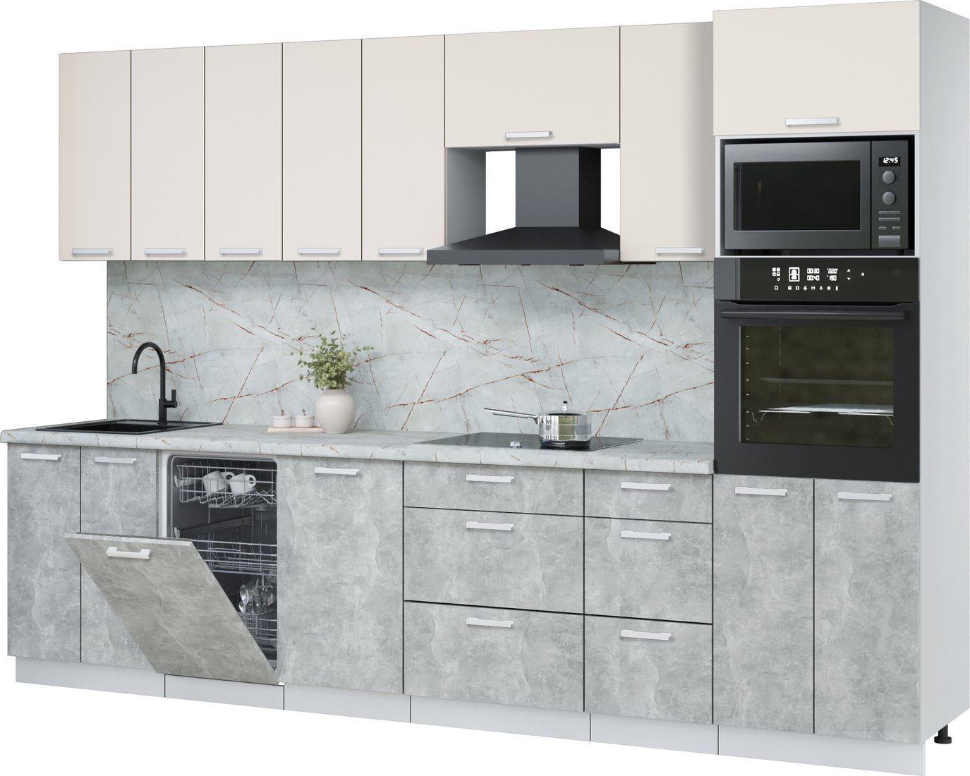 

Готовая кухня Интерлиния Мила Лайт 3.1-ПМ3 (персидский жемчуг/бетон/серый каспий)