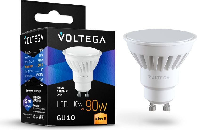

Светодиодная лампочка Voltega Ceramics MR16 10W 2800K GU10 7072