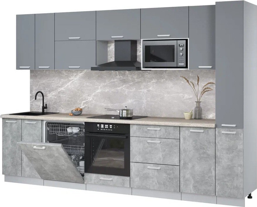 

Готовая кухня Интерлиния Мила Лайт 3.1-ПМ2 (серебро/бетон/травертин серый)