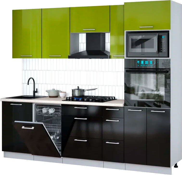 

Готовая кухня Интерлиния Мила Gloss 2.45-ПМ3 (черный глянец/яблоко глянец/травертин серый)