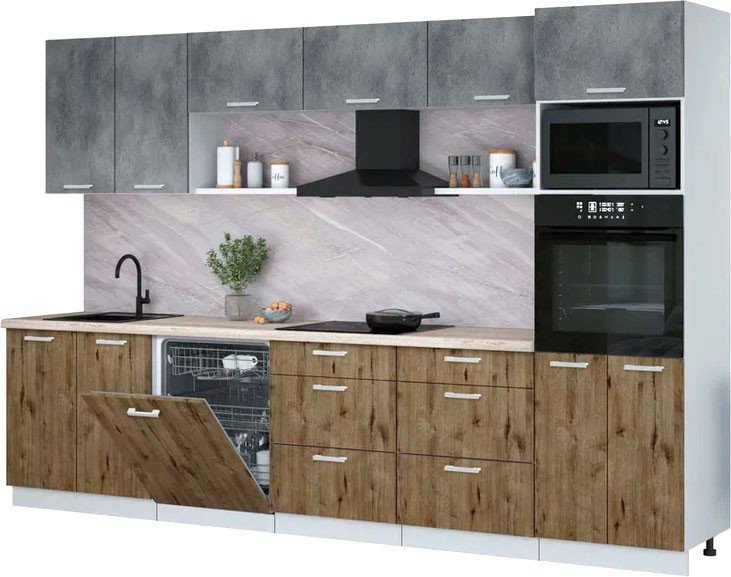 

Готовая кухня Интерлиния Мила Лайт 3.2-ПМ1 (бетон портленд/дуб веллингтон/травертин серый)