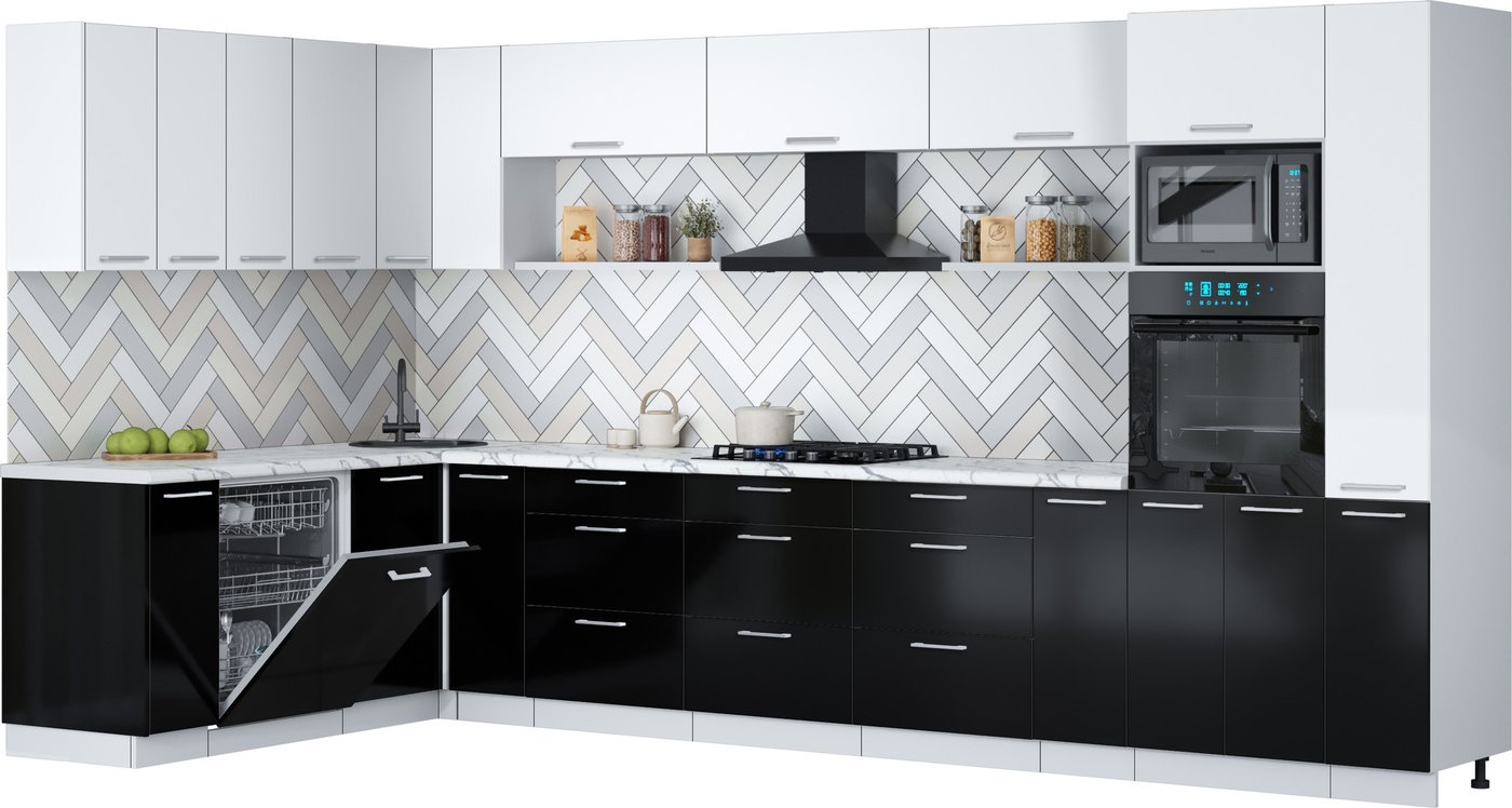 

Готовая кухня Интерлиния Мила Gloss 1.896х3.88 (черный глянец/белый/белый гранит)