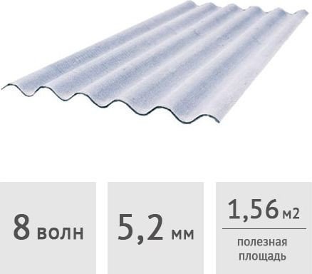 Шифер Кричевцементношифер Хризотилцементный 8-волновой серый (5.2 мм) 113x175 см
