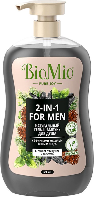 

BioMio Гель-шампунь для мужчин 2 в 1 с эфирными маслами мяты и кедра 650 мл