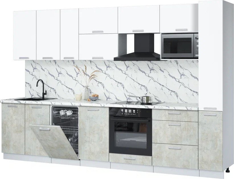 

Готовая кухня Интерлиния Мила Лайт 3.2-ПМ4 (белый платинум/бетон лайт/белый гранит)