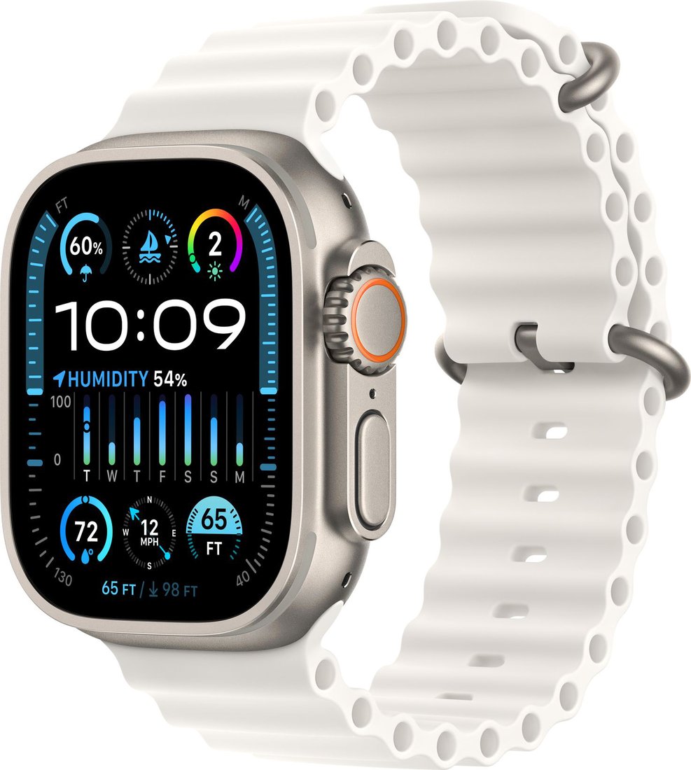 

Умные часы Apple Watch Ultra 2 LTE 49 мм (титановый корпус, титановый/белый, ремешок из эластомера)