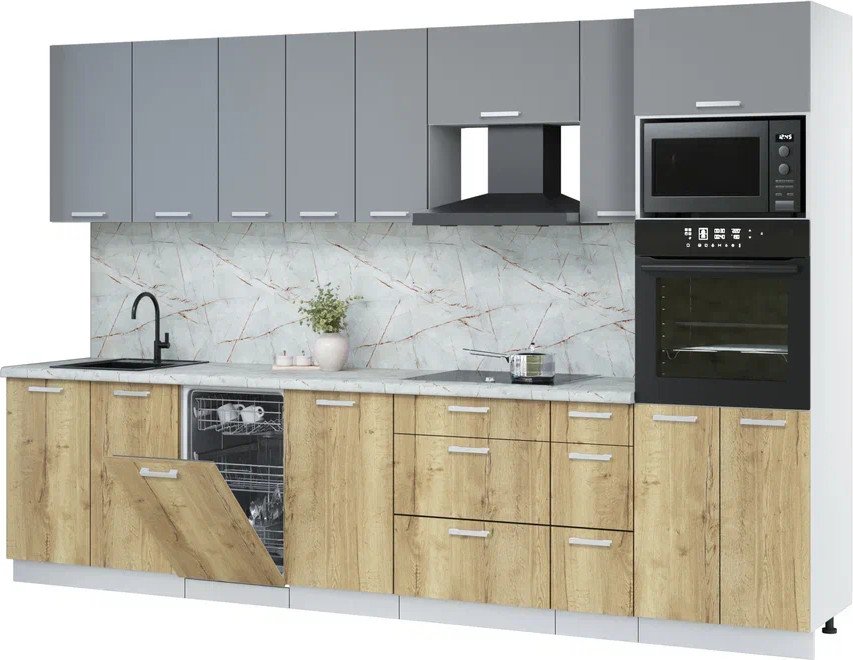 

Готовая кухня Интерлиния Мила Лайт 3.2-ПМ3 (серебро/дуб золотой/серый каспий)