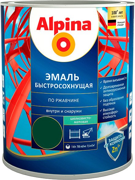 

Эмаль Alpina Быстросохнущая по ржавчине 2.5 л (RAL6005, зеленый)