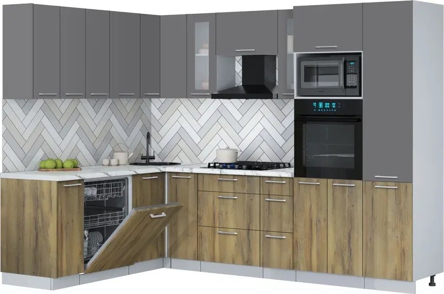 

Готовая кухня Интерлиния Мила Gloss 1.896х2.78 (дуб вотан/серый/белый гранит)