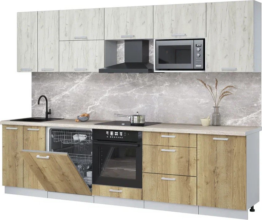 

Готовая кухня Интерлиния Мила Лайт 2.9-ПМ2 (дуб белый/дуб золотой/травертин серый)