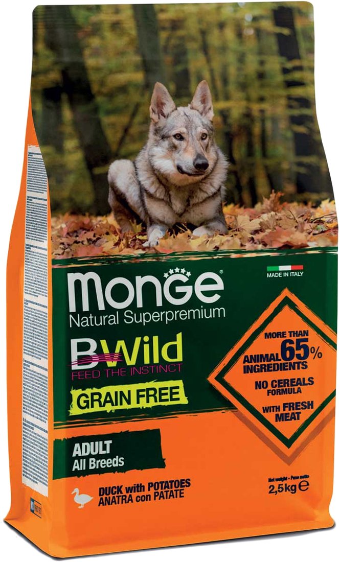 

Сухой корм для собак Monge BWild Grain Free All Breeds Adult Duck with Potatoes (для всех пород с уткой и картофелем) 2.5 кг