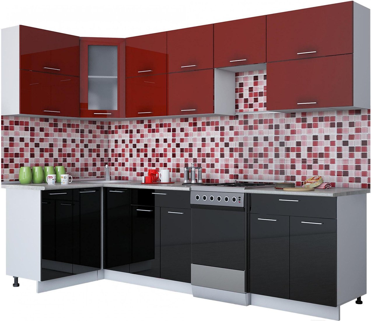 

Готовая кухня Интерлиния Мила Gloss 50-12x28 (бордовый/черный глянец)