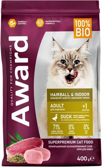 

Сухой корм для кошек Award Adult Hairball & Indoor (для выведения шерсти с уткой и индейкой с добавлением зеленой чечевицы и Юкки Шидигера) 400 г