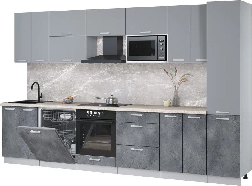 

Готовая кухня Интерлиния Мила Лайт 3.4-ПМ2 (серебро/бетон портленд/травертин серый)