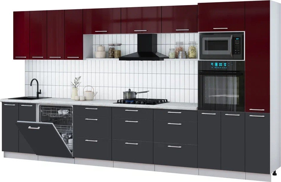 

Готовая кухня Интерлиния Мила Gloss 3.9-ПМ1 (пепел/бордовый глянец/серый каспий)