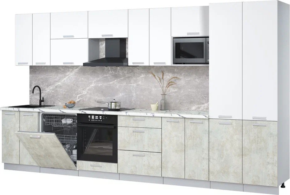 

Готовая кухня Интерлиния Мила Лайт 3.8-ПМ2 (белый платинум/бетон лайт/белый гранит)