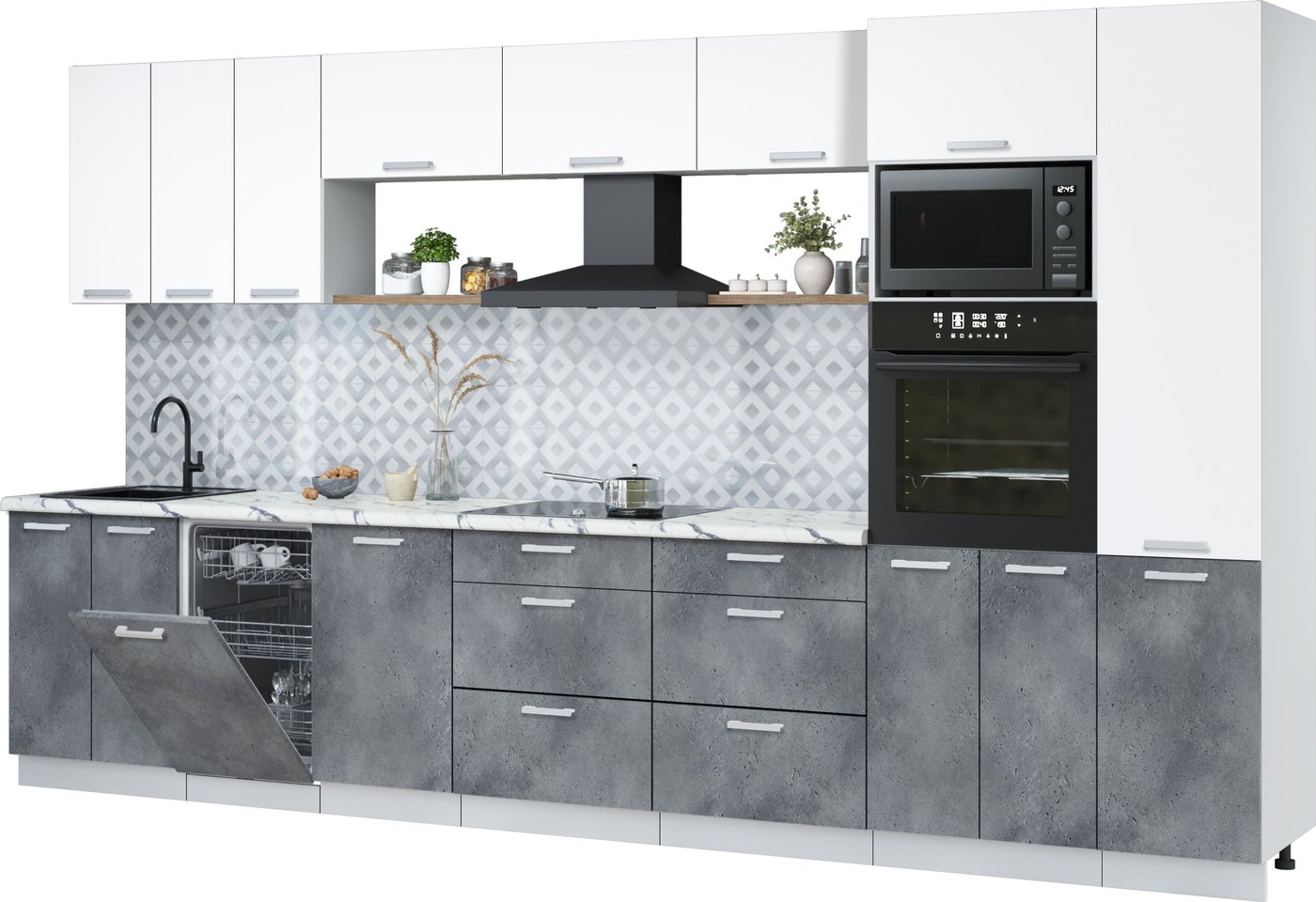 

Готовая кухня Интерлиния Мила Лайт 3.7-ПМ3 (белый платинум/бетон портленд/белый гранит)