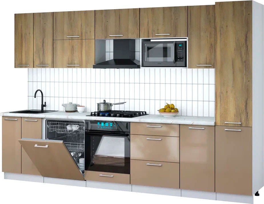 

Готовая кухня Интерлиния Мила Gloss 3.2-ПМ2 (капучино глянец/дуб вотан/серый каспий)