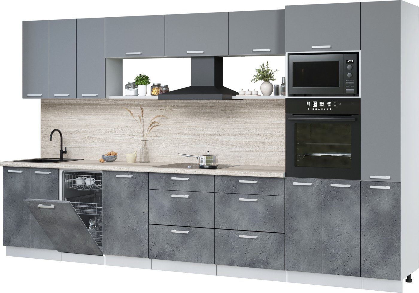 

Готовая кухня Интерлиния Мила Лайт 3.6-ПМ3 (серебро/бетон портленд/травертин серый)