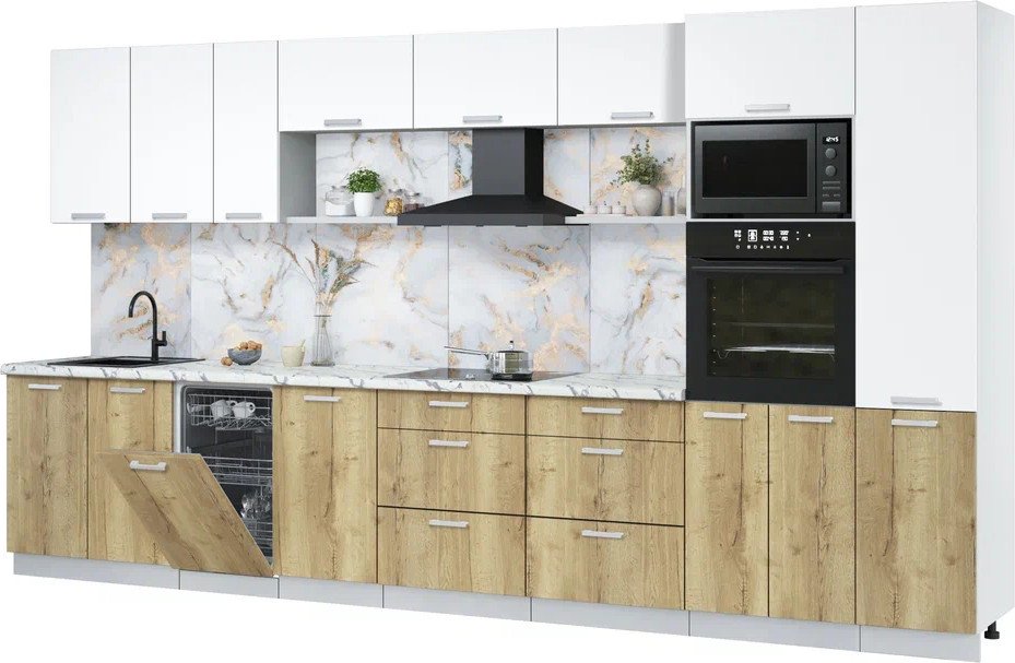 

Готовая кухня Интерлиния Мила Лайт 3.9-ПМ3 (белый платинум/дуб золотой/белый гранит)