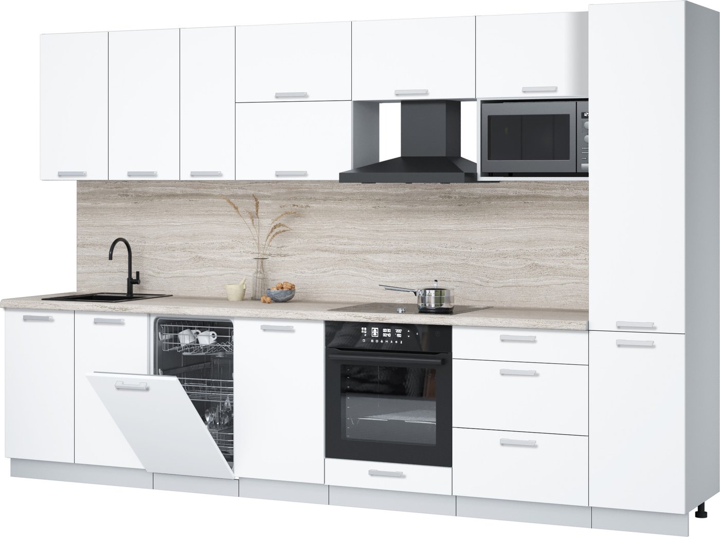 

Готовая кухня Интерлиния Мила Лайт 3.3-ПМ4 (белый платинум/белый платинум/травертин серый)