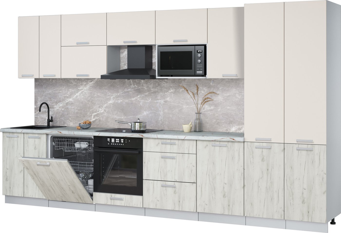 

Готовая кухня Интерлиния Мила Лайт 3.7-ПМ2 (персидский жемчуг/дуб белый/серый каспий)