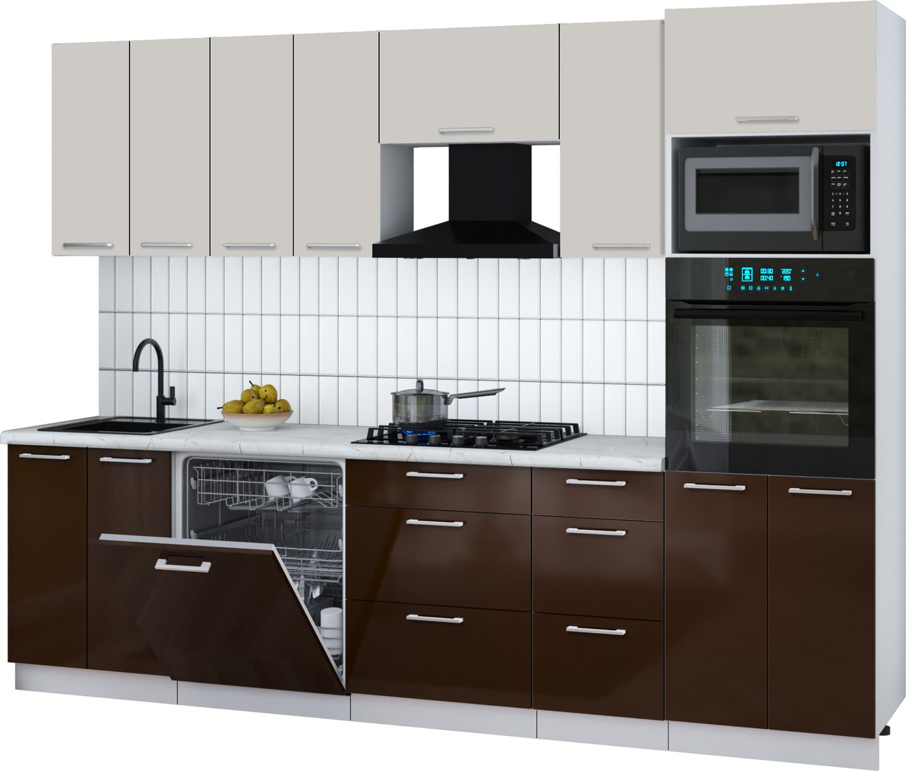 

Готовая кухня Интерлиния Мила Gloss 2.8-ПМ1 (шоколад глянец/кашемир/серый каспий)