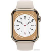 Умные часы Apple Watch Series 8 LTE 41 мм (корпус из нержавеющей стали, золотистый/звездный свет, спортивный силиконовый ремешок S/M)