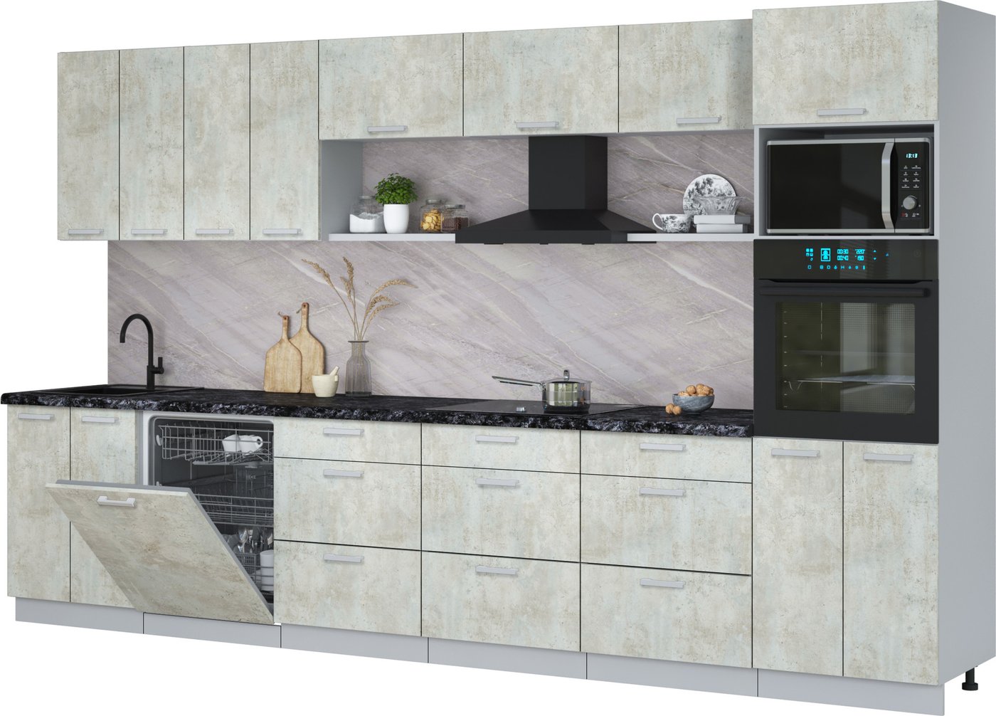 

Готовая кухня Интерлиния Мила Лайт 3.6-ПМ1-2 (бетон лайт/бетон лайт/кастилло темный)