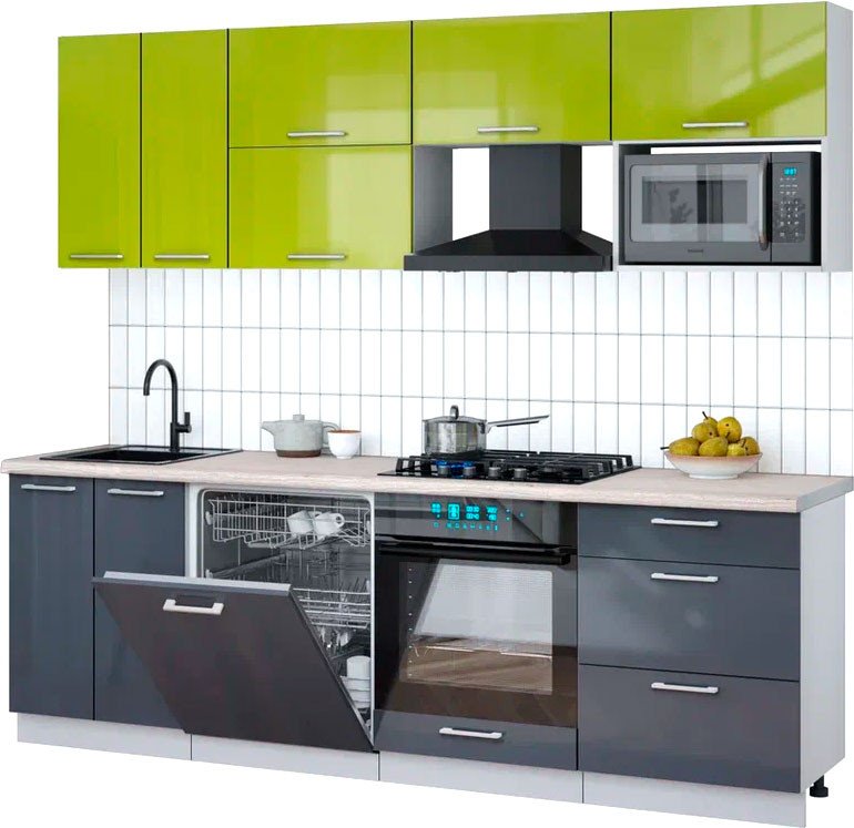 

Готовая кухня Интерлиния Мила Gloss 2.4-ПМ2 (асфальт глянец/яблоко глянец/травертин серый)