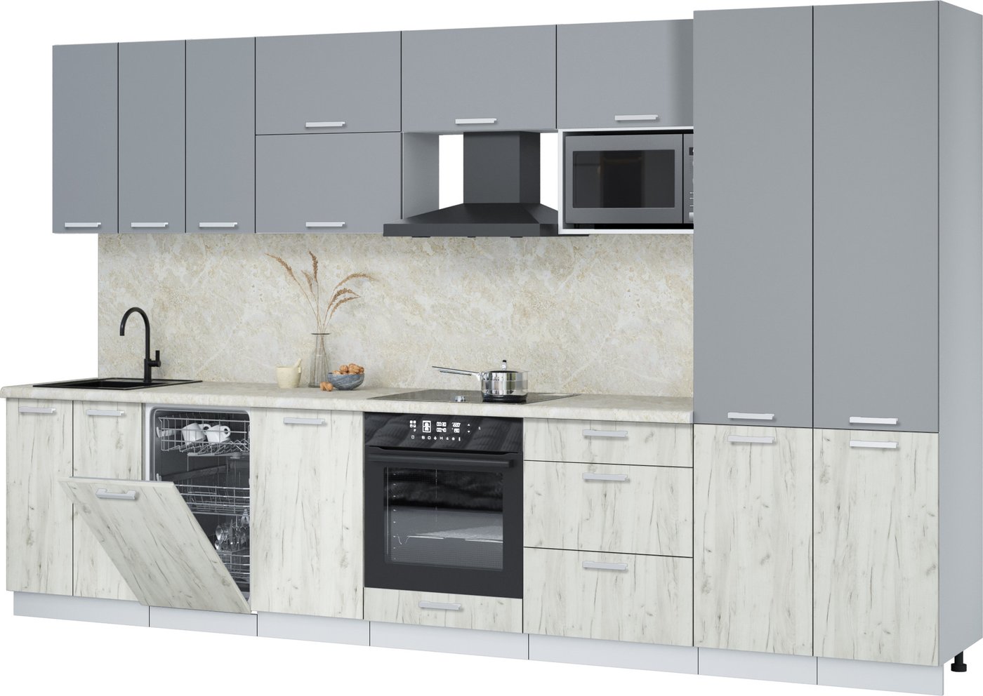 

Готовая кухня Интерлиния Мила Лайт 3.5-ПМ4 (серебро/дуб белый/опал светлый)