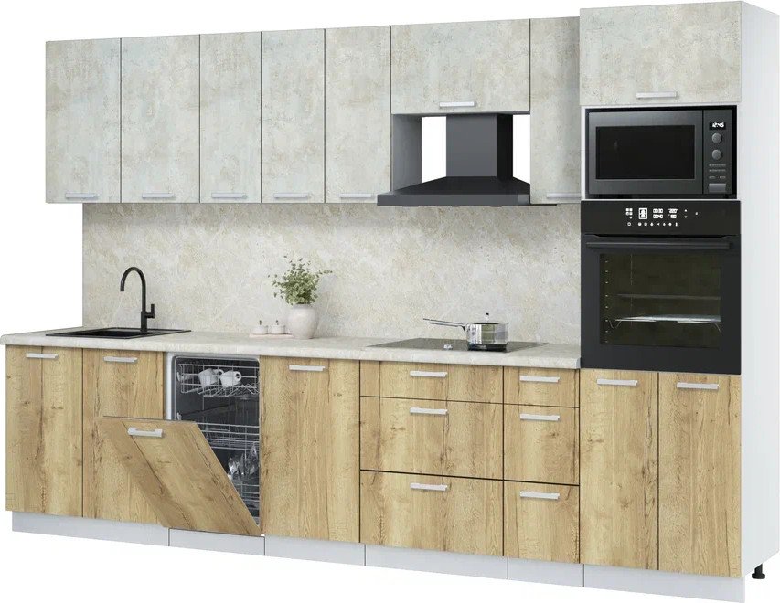 

Готовая кухня Интерлиния Мила Лайт 3.2-ПМ3 (бетон лайт/дуб золотой/опал светлый)