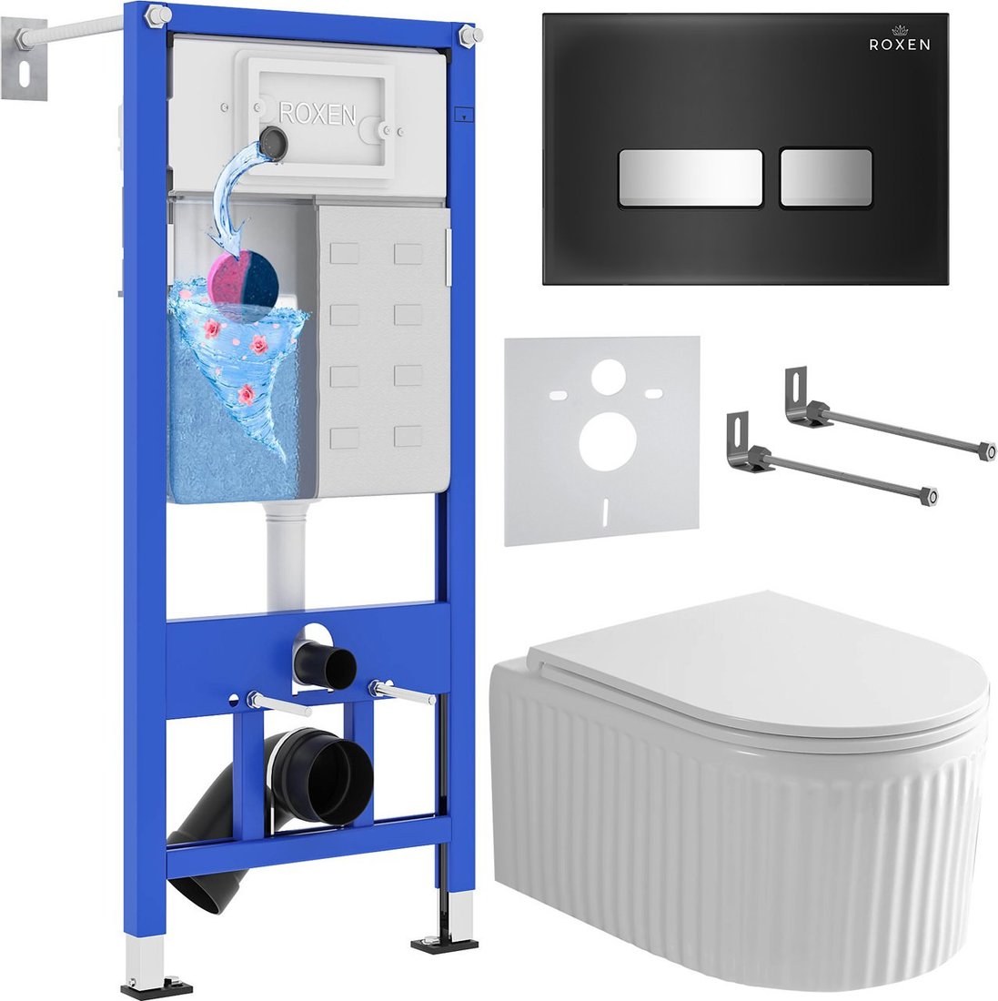 Унитаз подвесной Roxen Royal Matt в комплекте с инсталляцией StounFix Dual Fresh 6 в 1 968297 (кнопка: черный/хром)