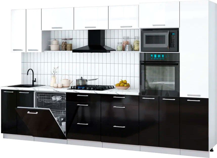 

Готовая кухня Интерлиния Мила Gloss 3.4-ПМ1 (черный глянец/белый глянец/белый гранит)