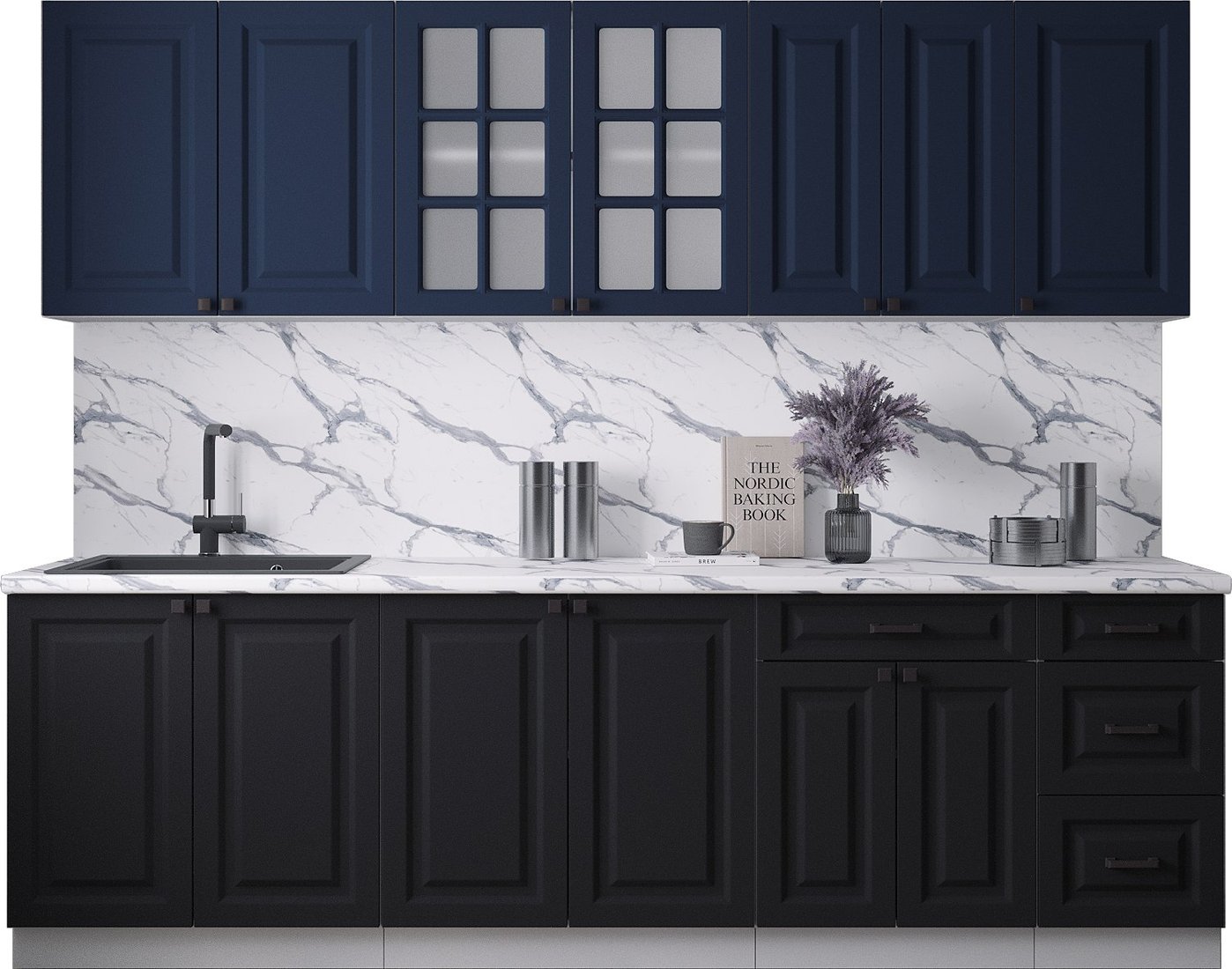 

Готовая кухня Интерлиния Мила Деко 2.6Б (черный/индиго/белый гранит)