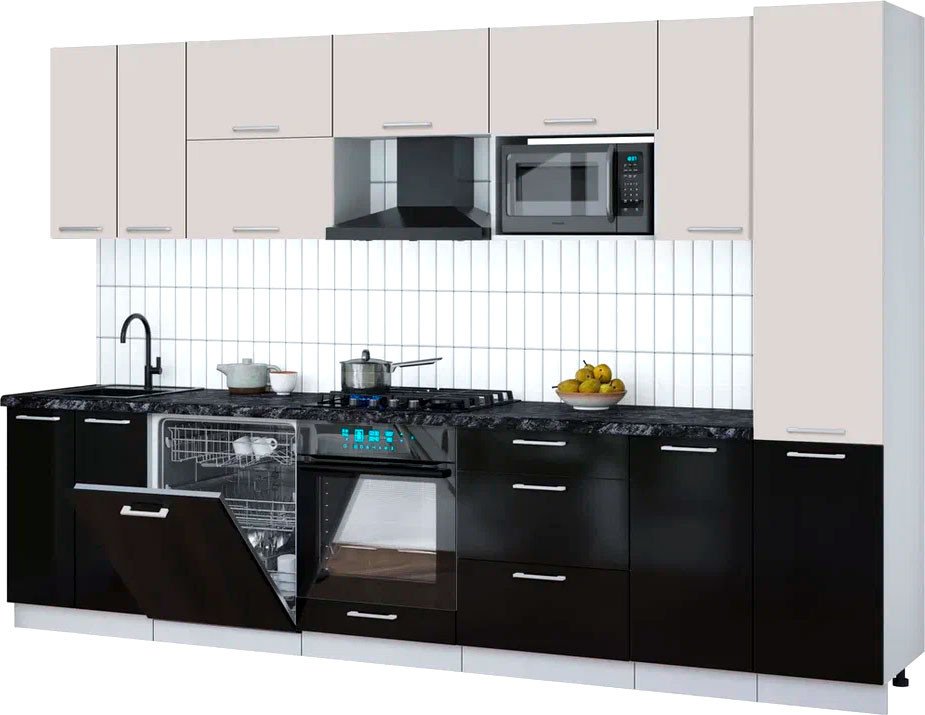 

Готовая кухня Интерлиния Мила Gloss 3.2-ПМ2 (черный глянец/кашемир/кастилло темный)