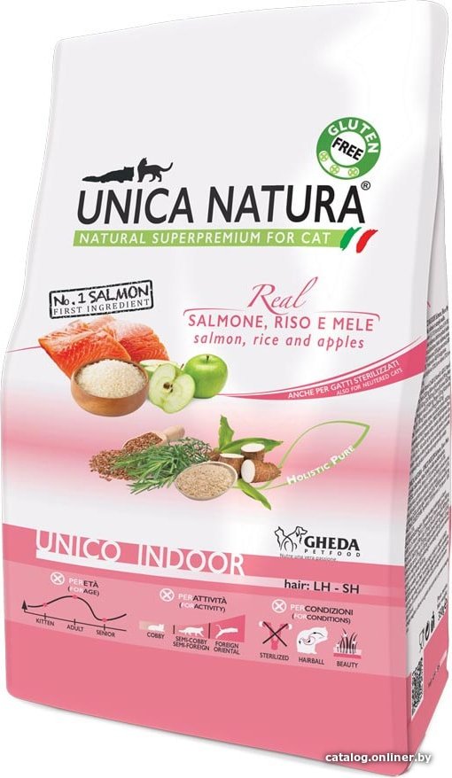 Сухой корм для кошек Unica Natura Unico Indoor с лососем, рисом и яблоком 350 г