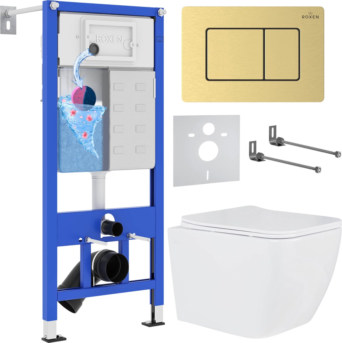 

Унитаз подвесной Roxen Cube в комплекте с инсталляцией StounFix Dual Fresh 6 в 1 968469 (кнопка: брашированное золото)