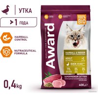 Сухой корм для кошек Award Adult Hairball & Indoor (для выведения шерсти с уткой и индейкой с добавлением зеленой чечевицы и Юкки Шидигера) 400 г