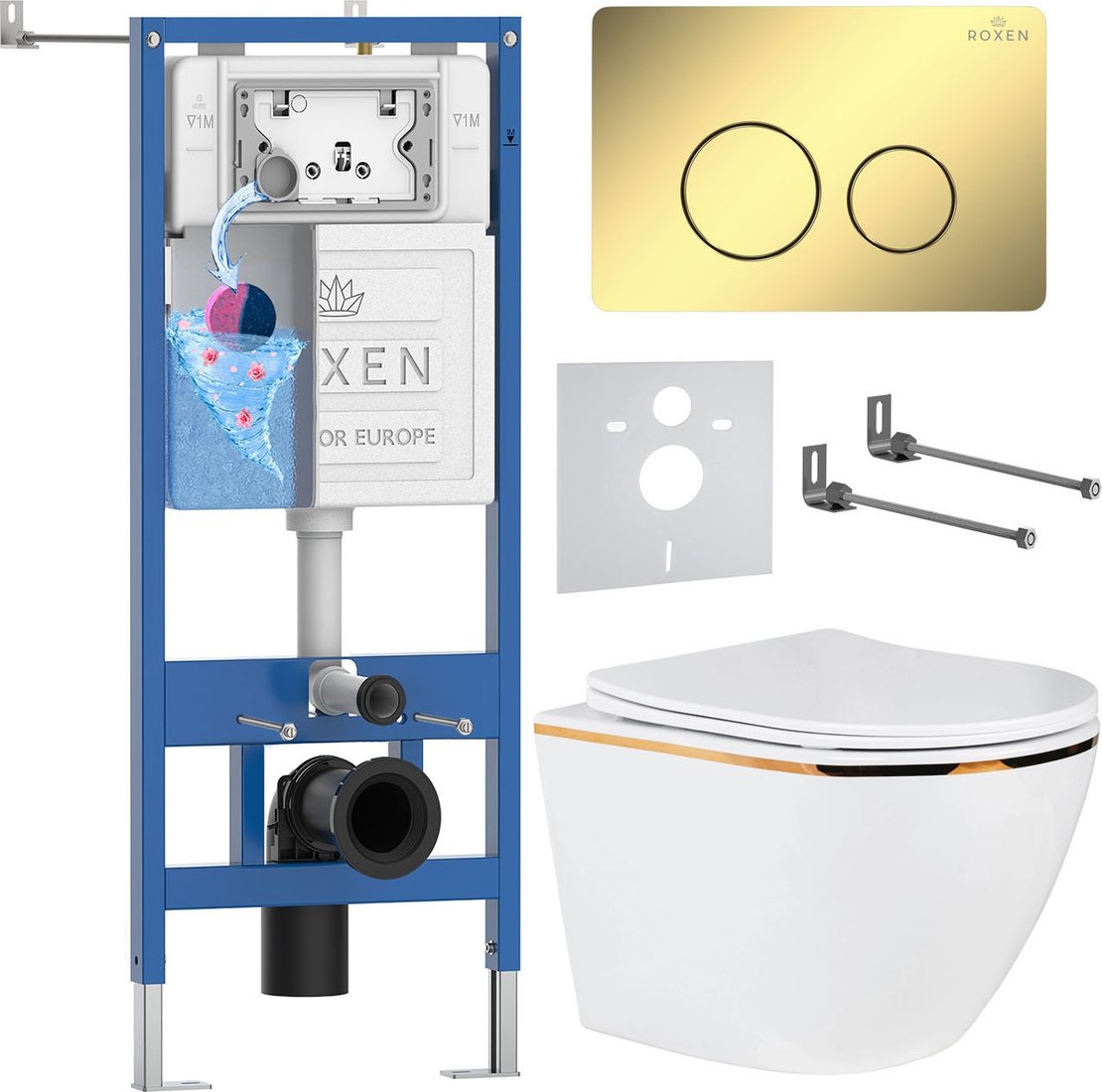 

Унитаз подвесной Roxen Antares Gold в комплекте с инсталляцией StounFix Dual Fresh 6 в 1 868483 (кнопка: золото глянцевая)