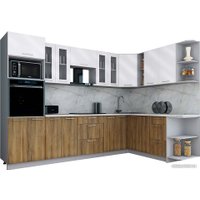 Готовая кухня Интерлиния Мила Gloss 1.88x3.0 правая (белый глянец/дуб вотан/травертин серый)