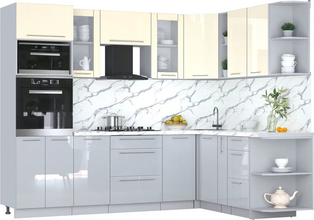 

Готовая кухня Интерлиния Мила Пластик 1.88x2.6 PR (ваниль/туманный глянец/белый гранит)