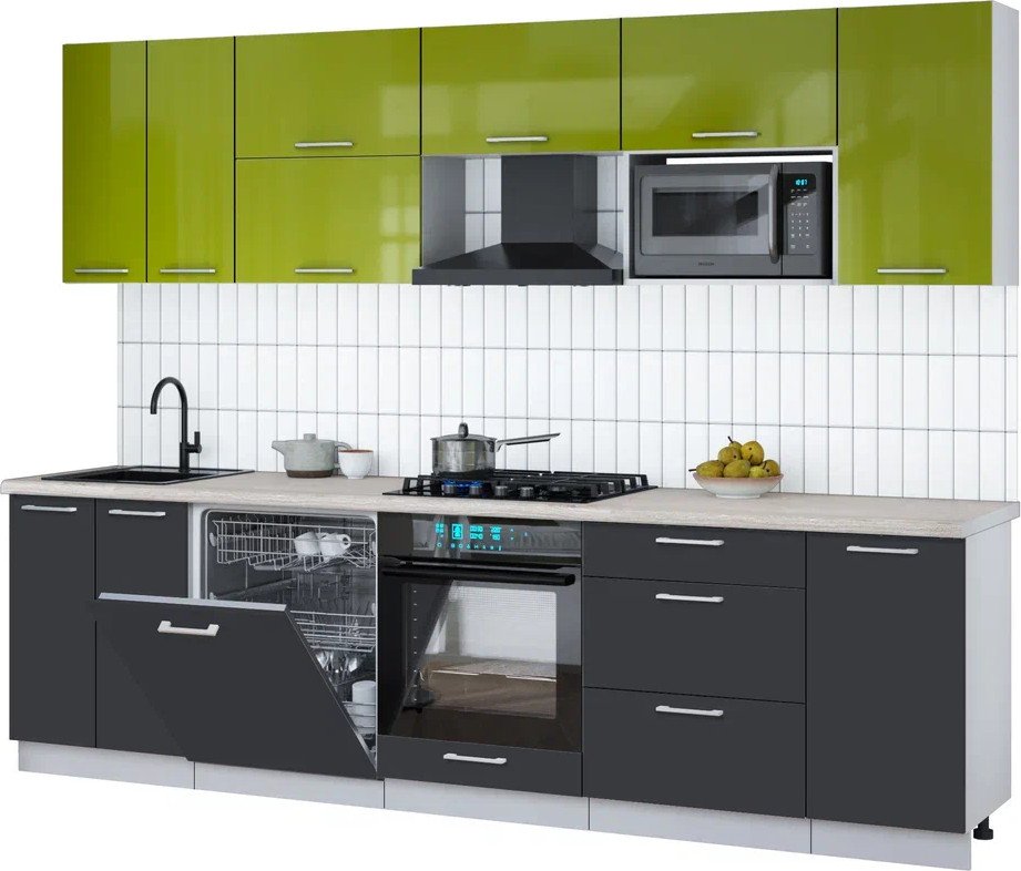 

Готовая кухня Интерлиния Мила Gloss 2.8-ПМ2 (пепел/яблоко глянец/травертин серый)