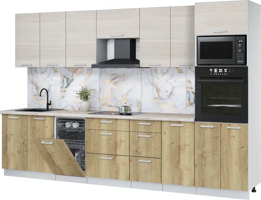 

Готовая кухня Интерлиния Мила Лайт 3.25-ПМ3 ( вудлайн кремовый/дуб золотой/травертин серый)