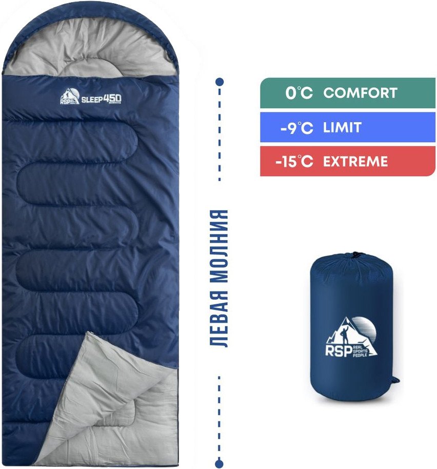 

Спальный мешок RSP Outdoors Sleep 450 L RipStop 2024 (синий, 220x75см, молния слева)