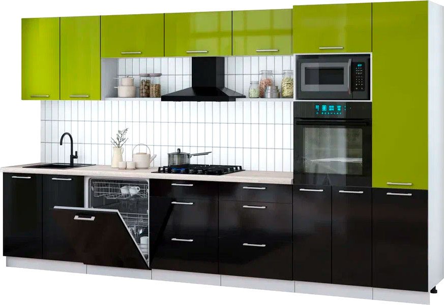 

Готовая кухня Интерлиния Мила Gloss 3.6-ПМ1 (черный глянец/яблоко глянец/травертин серый)