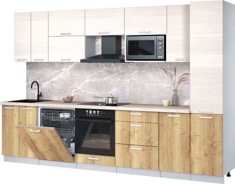 

Готовая кухня Интерлиния Мила Лайт 3.2-ПМ2 (вудлайн кремовый/дуб золотой/травертин серый)